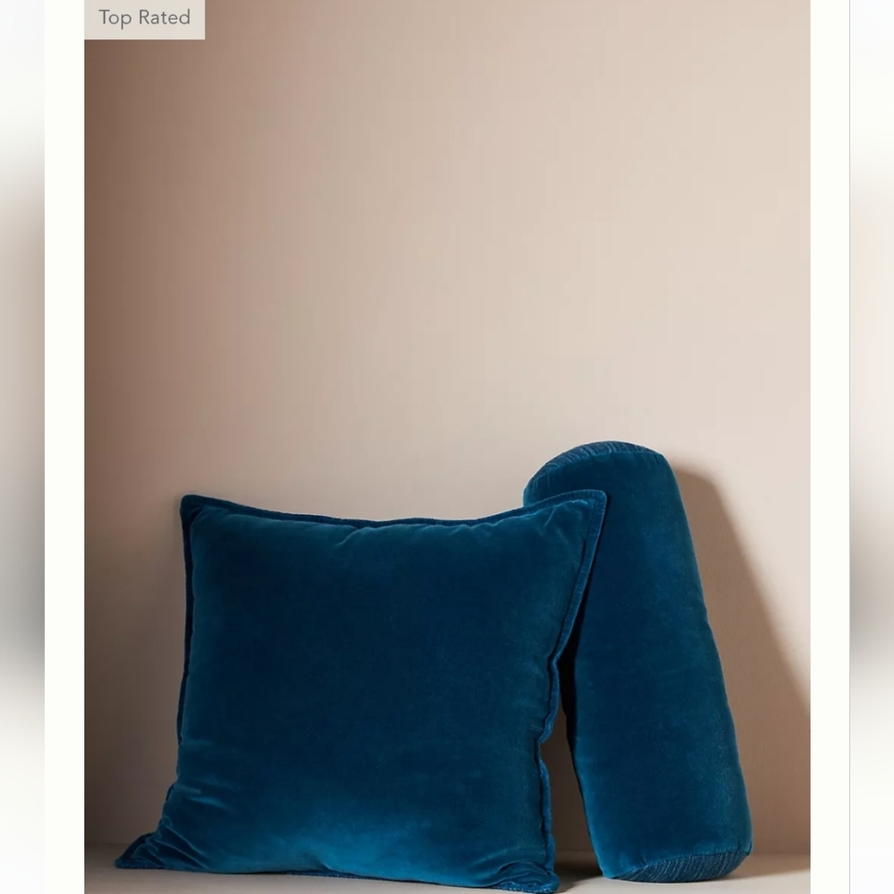 Anthropologie Velvet Trova Bolster Pillow - deep turquoise blue - Picture 2 of 12